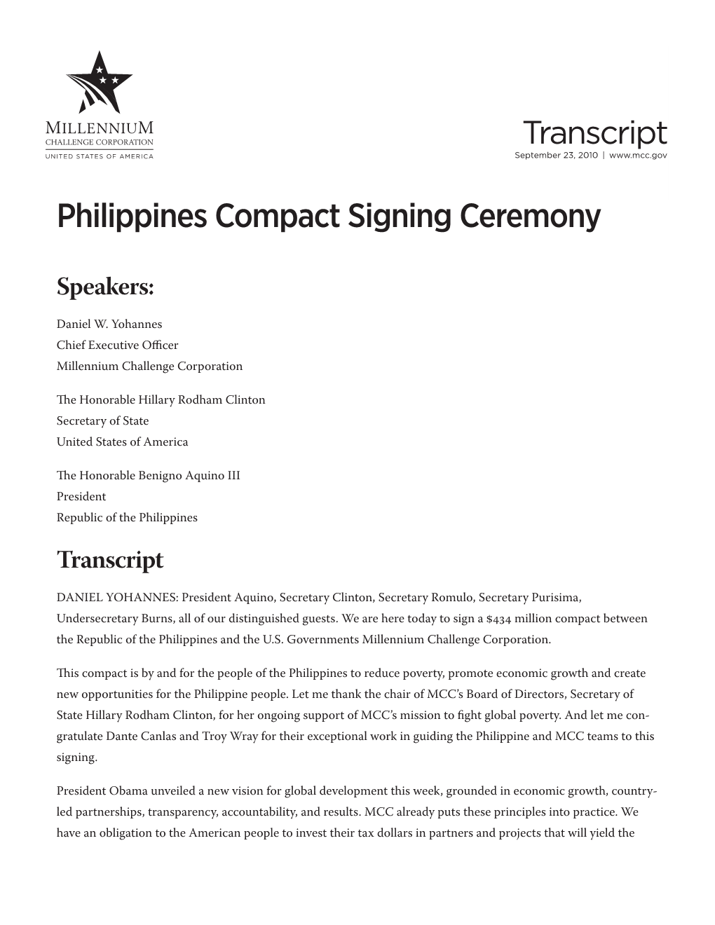 Philippines Compact Signing Ceremony