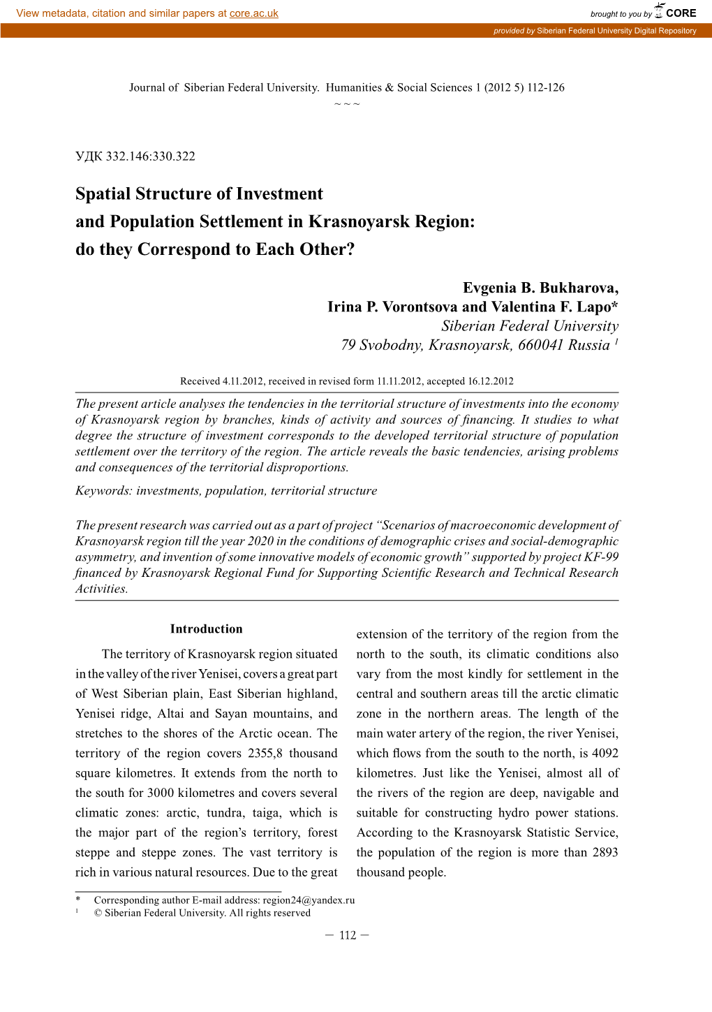 Spatial Structure of Investment and Population Settlement in Krasnoyarsk Region: Do They Correspond to Each Other?