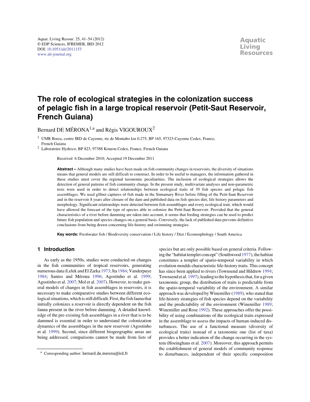 The Role of Ecological Strategies in the Colonization Success of Pelagic Fish in a Large Tropical Reservoir \(Petit-Saut Reservo