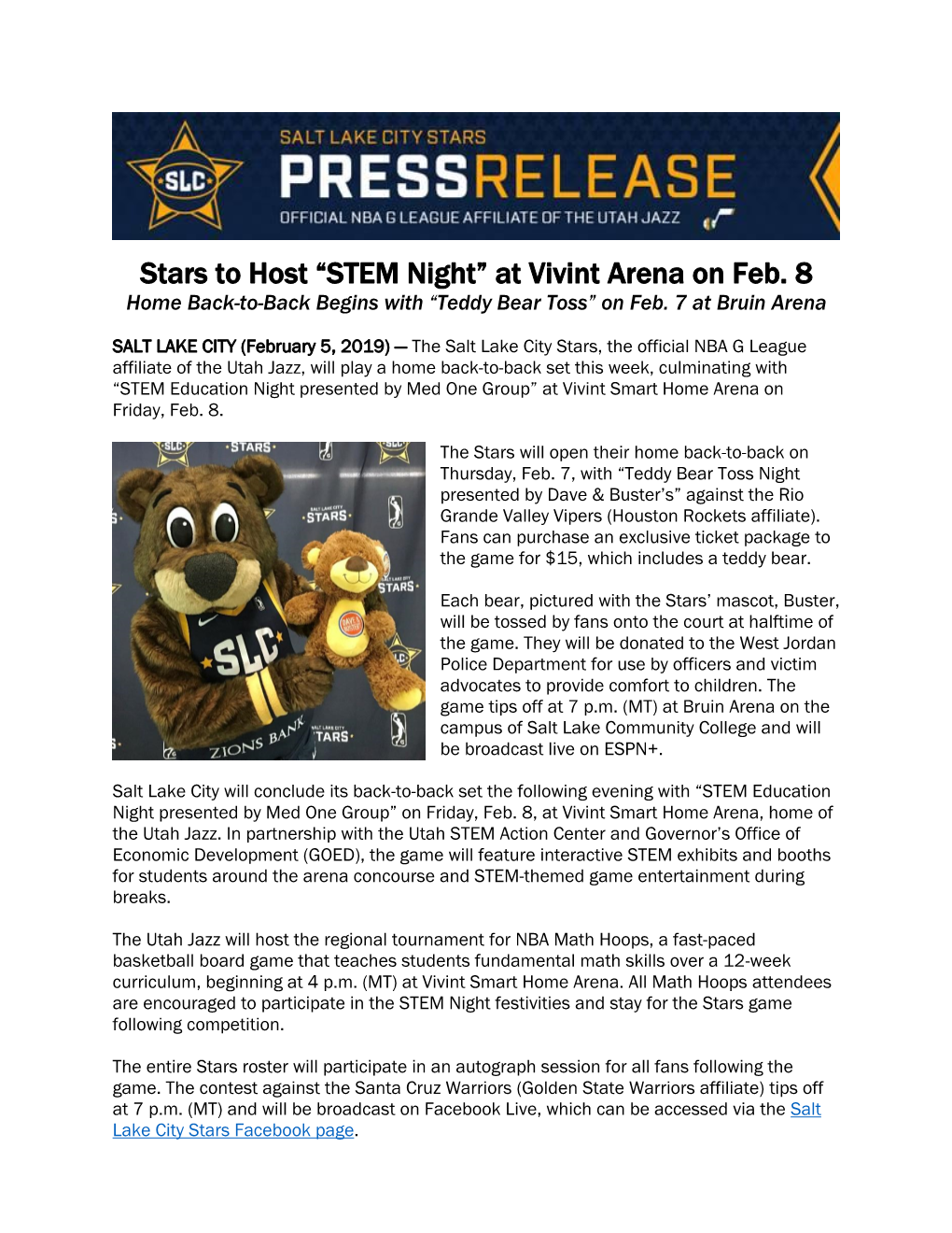 Stars to Host “STEM Night” at Vivint Arena on Feb. 8 Home Back-To-Back Begins with “Teddy Bear Toss” on Feb