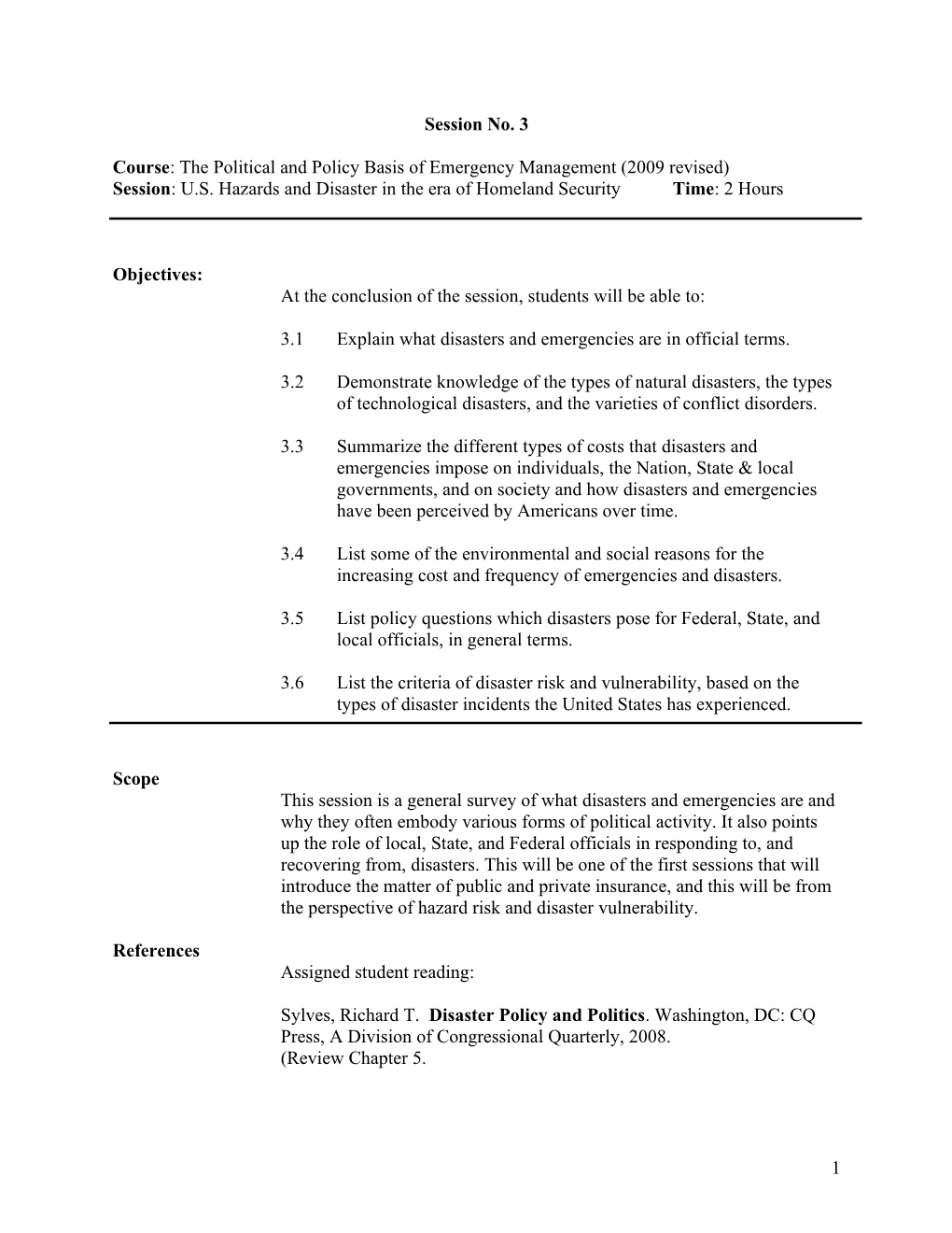 Course: the Political and Policy Basis of Emergency Management (2009 Revised)