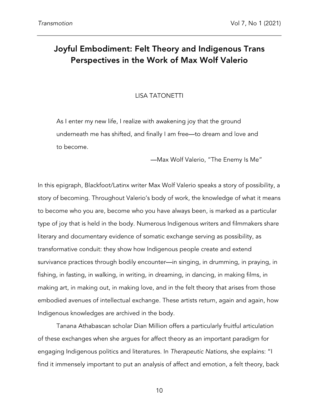 Felt Theory and Indigenous Trans Perspectives in the Work of Max Wolf Valerio