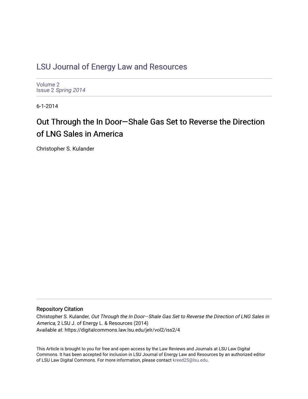 Out Through the in Door—Shale Gas Set to Reverse the Direction of LNG Sales in America