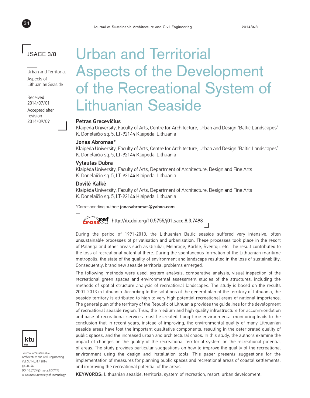 Urban and Territorial Aspects of the Development of the Recreational System of Lithuanian Seaside