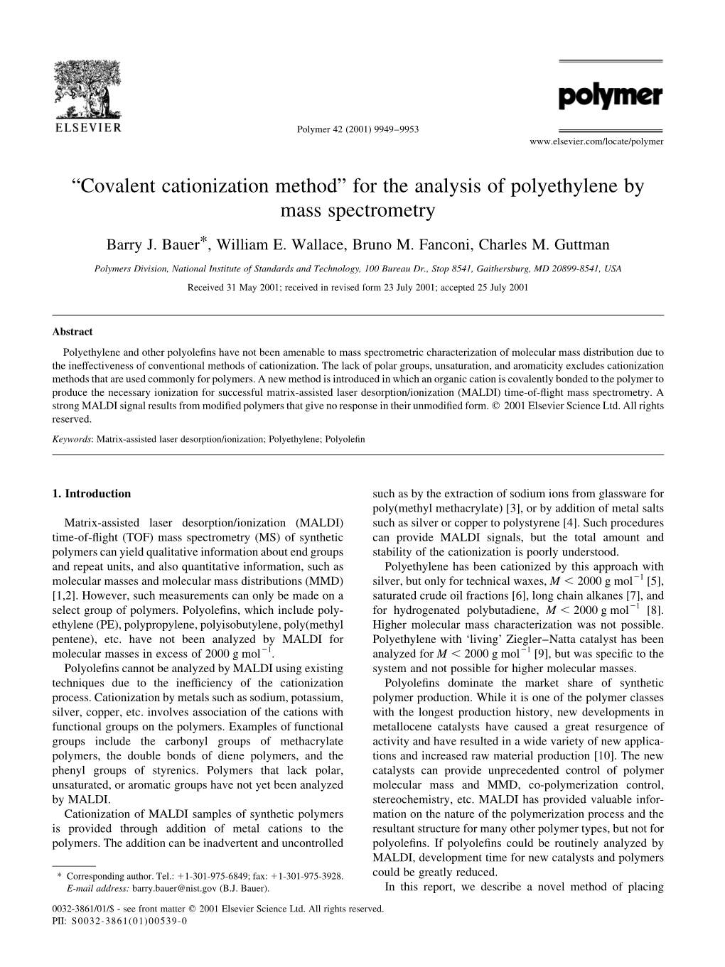 ªcovalent Cationization Methodº for the Analysis of Polyethylene by Mass Spectrometry