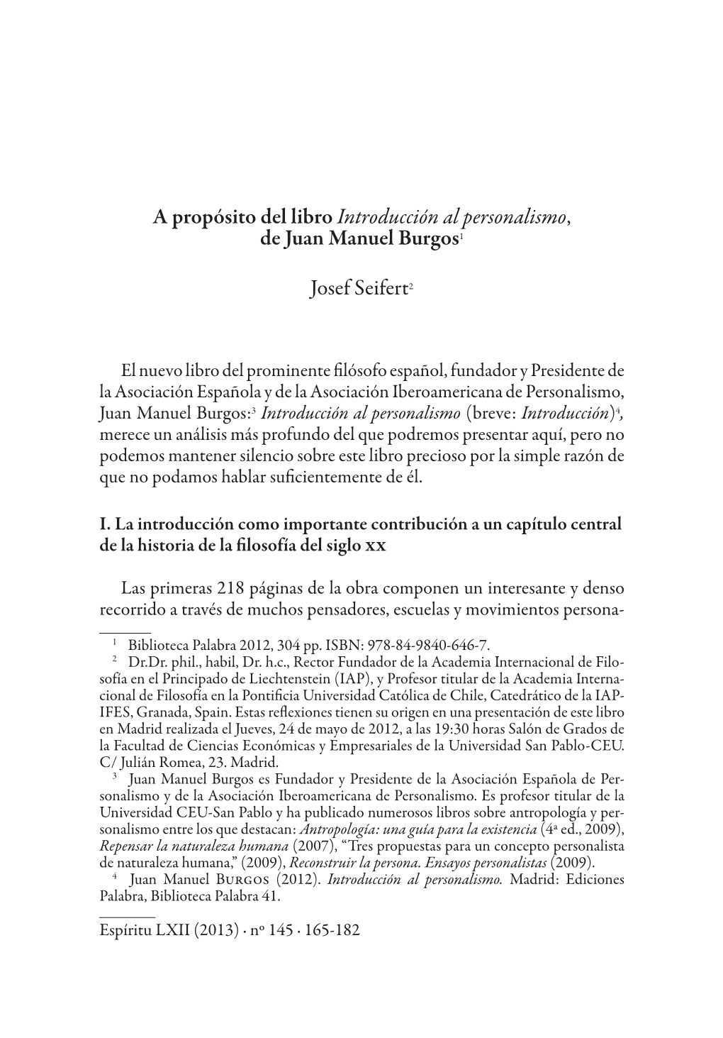A Propósito Del Libro Introducción Al Personalismo, De Juan Manuel Burgos1