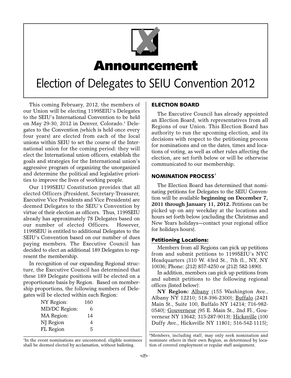 Announcement Election of Delegates to SEIU Convention 2012