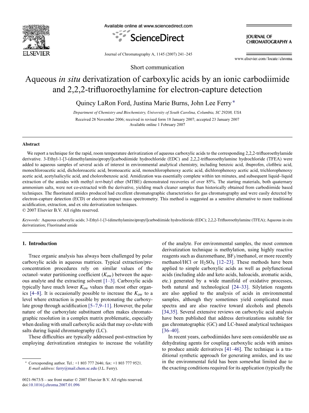 Aqueous in Situ Derivatization of Carboxylic Acids by an Ionic
