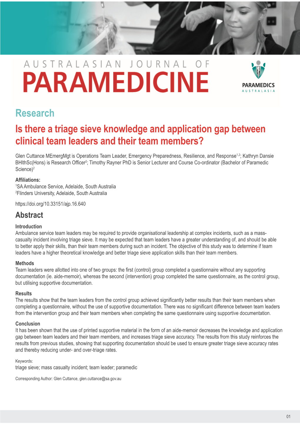 Research Is There a Triage Sieve Knowledge and Application Gap Between Clinical Team Leaders and Their Team Members?