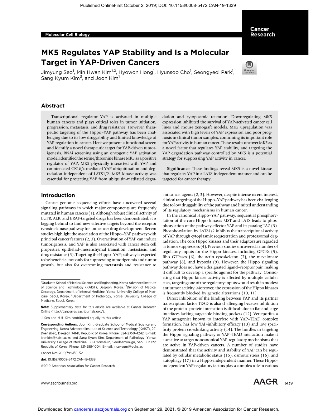 MK5 Regulates YAP Stability and Is a Molecular