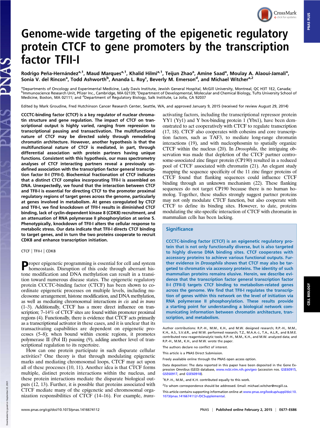 Genome-Wide Targeting of the Epigenetic Regulatory Protein CTCF to Gene Promoters by the Transcription Factor TFII-I