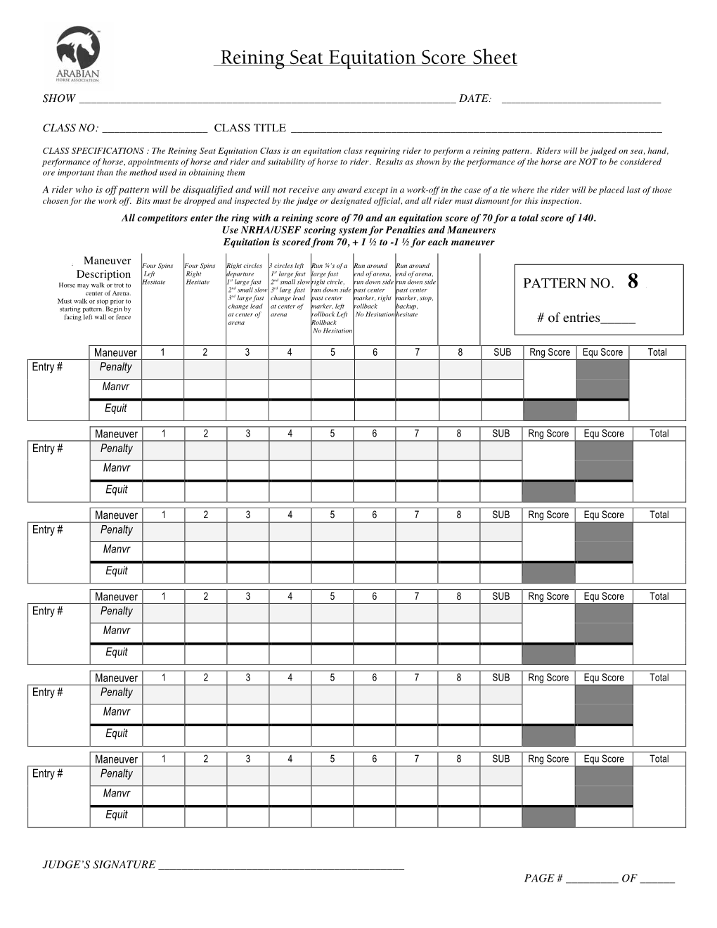 Reining Seat Equitation Score Sheet