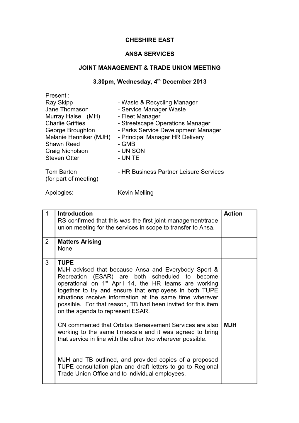 Joint Management & Trade Union Meeting