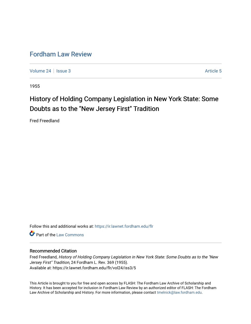 History of Holding Company Legislation in New York State: Some Doubts As to the "New Jersey First" Tradition