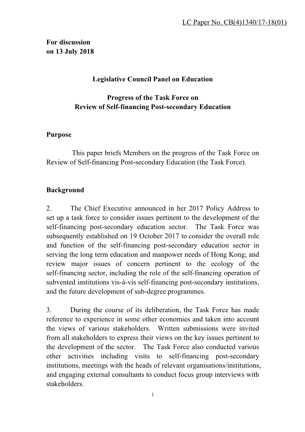 Administration's Paper on Progress of the Task Force on Review of Self