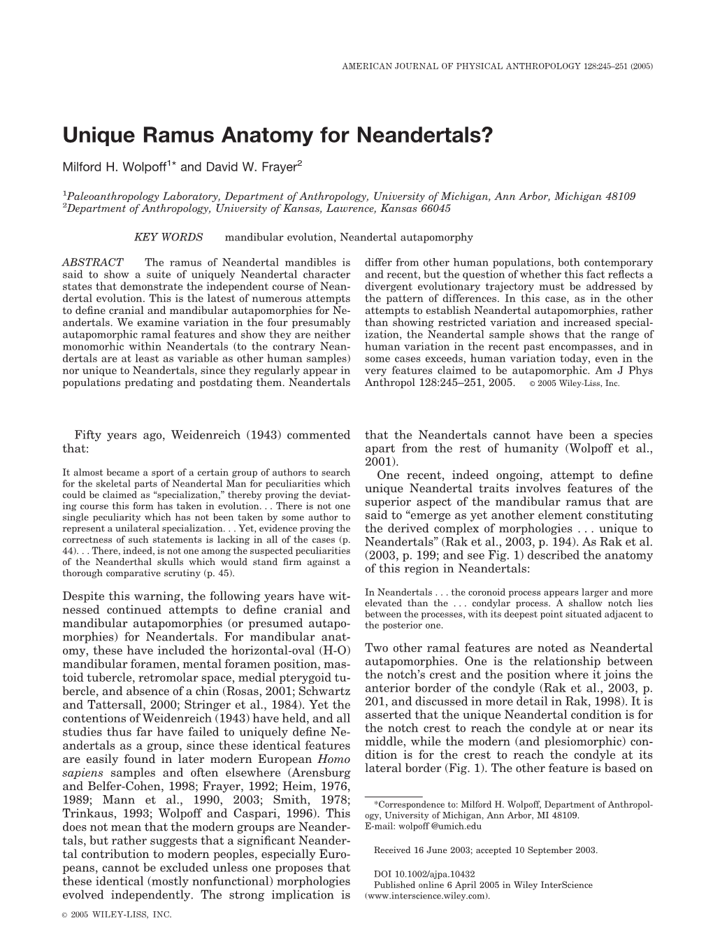 Unique Ramus Anatomy for Neandertals?