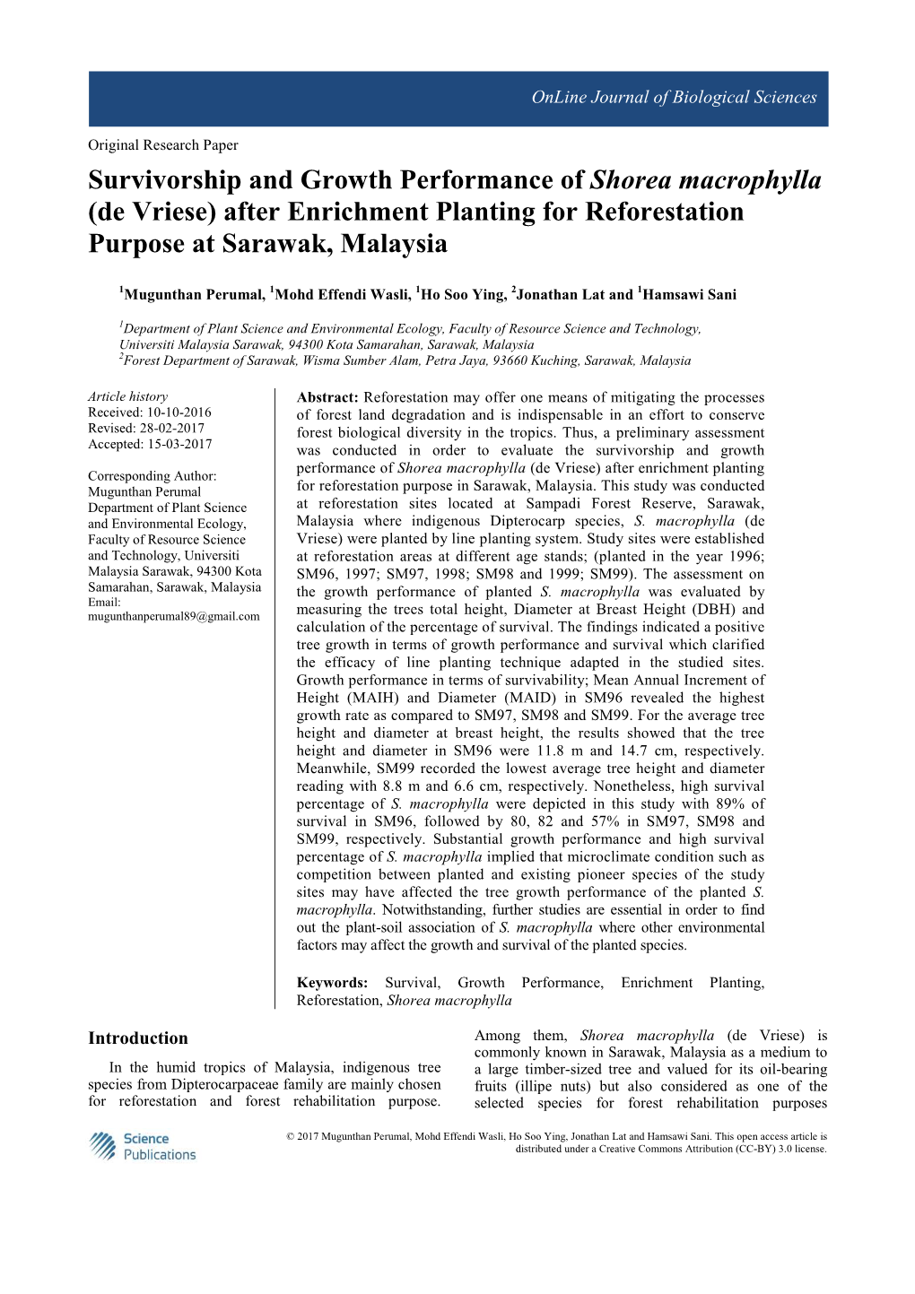 Survivorship and Growth Performance of Shorea Macrophylla (De Vriese) After Enrichment Planting for Reforestation Purpose at Sarawak, Malaysia