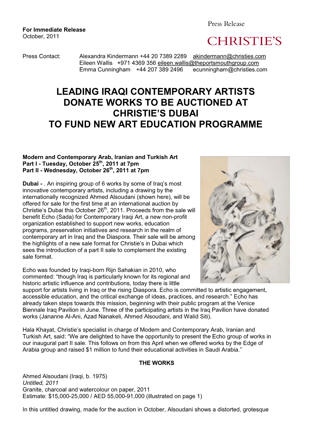 Leading Iraqi Contemporary Artists Donate Works to Be Auctioned at Christie's Dubai to Fund New Art Education Programme