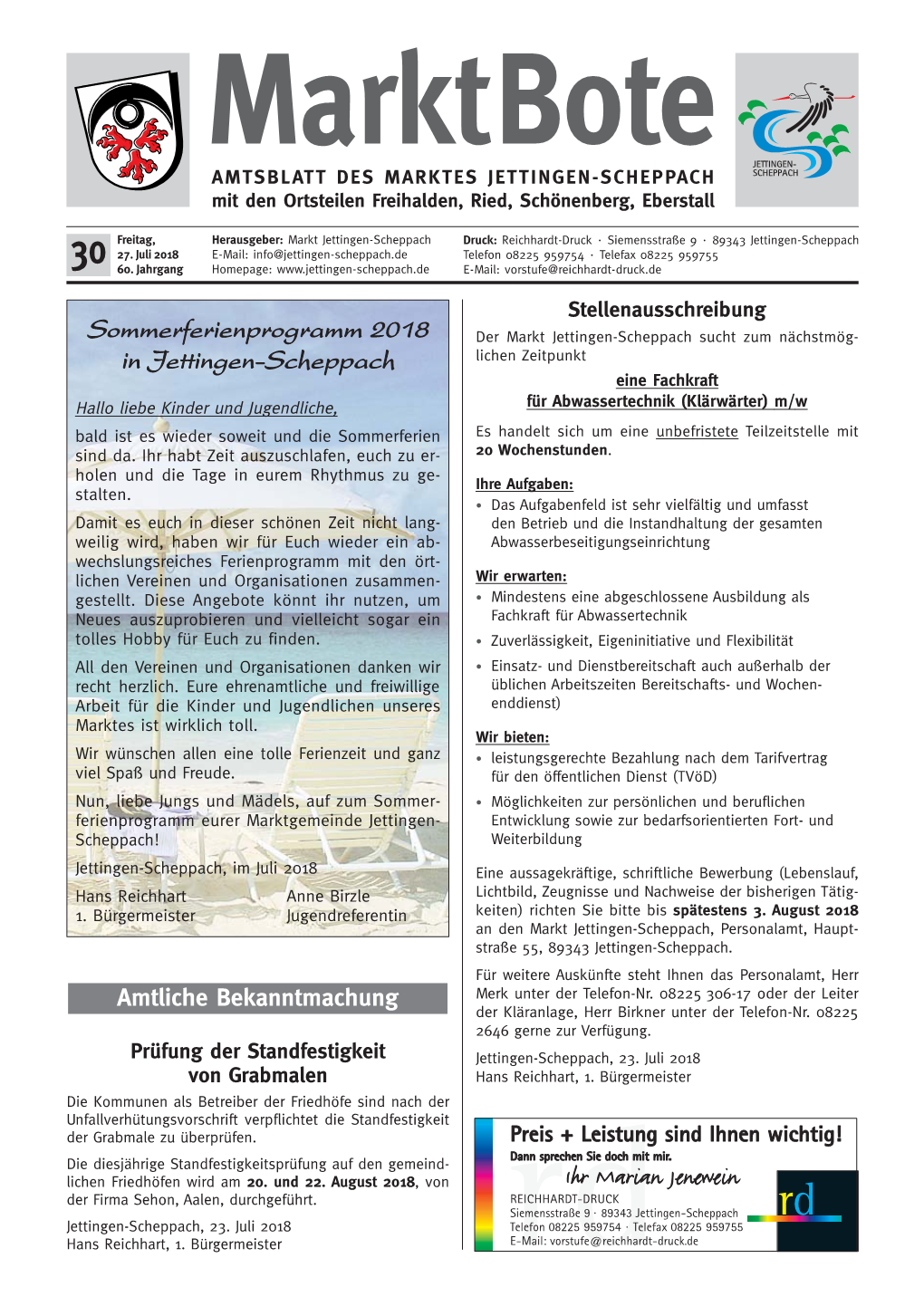 Marktbote AMTSBLATT DES MARKTES JETTINGEN-SCHEPPACH Mit Den Ortsteilen Freihalden, Ried, Schönenberg, Eberstall