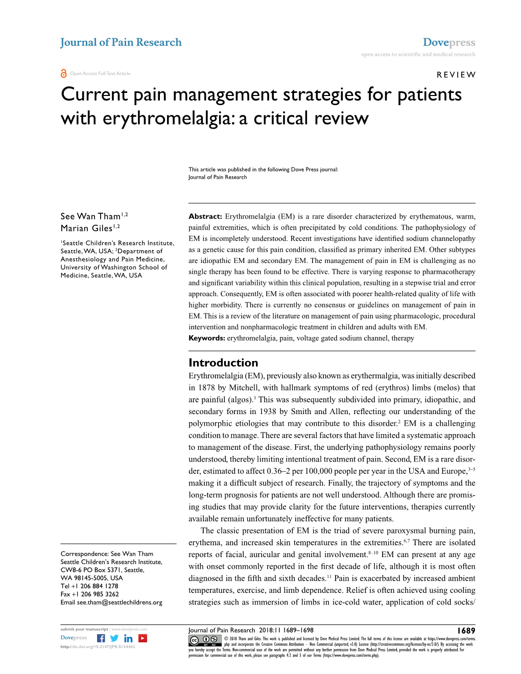 Current Pain Management Strategies for Patients with Erythromelalgia: a Critical Review