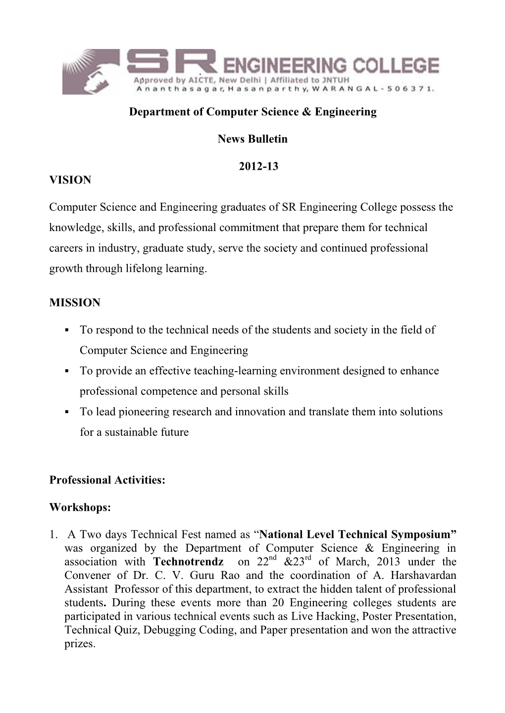 Department of Computer Science & Engineering News Bulletin 2012-13