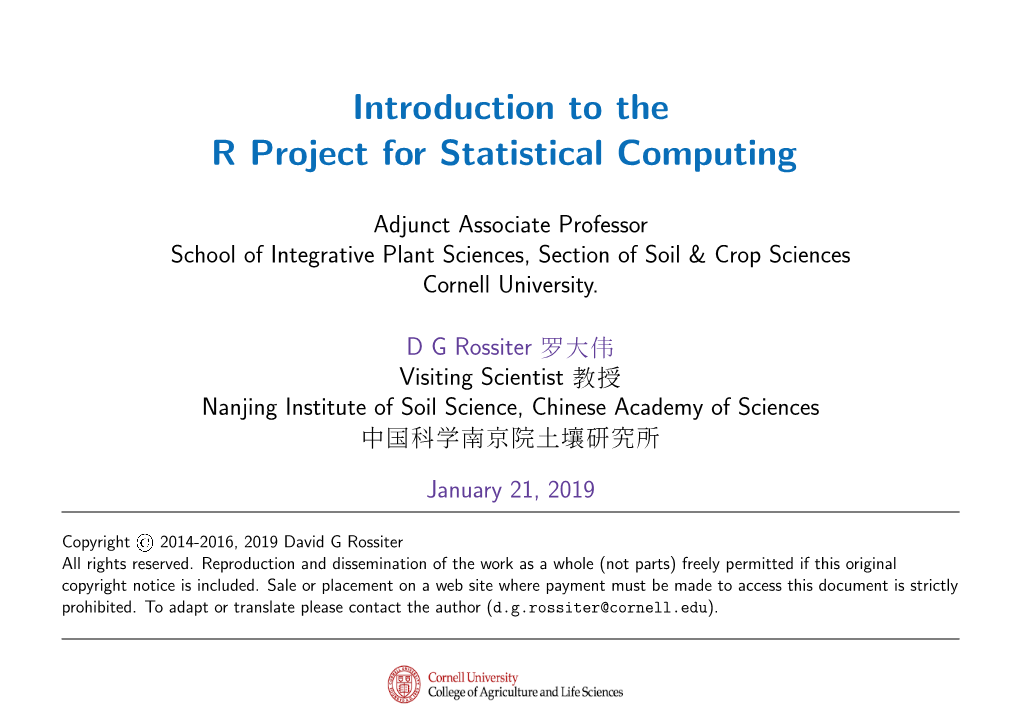 Introduction to the R Project for Statistical Computing