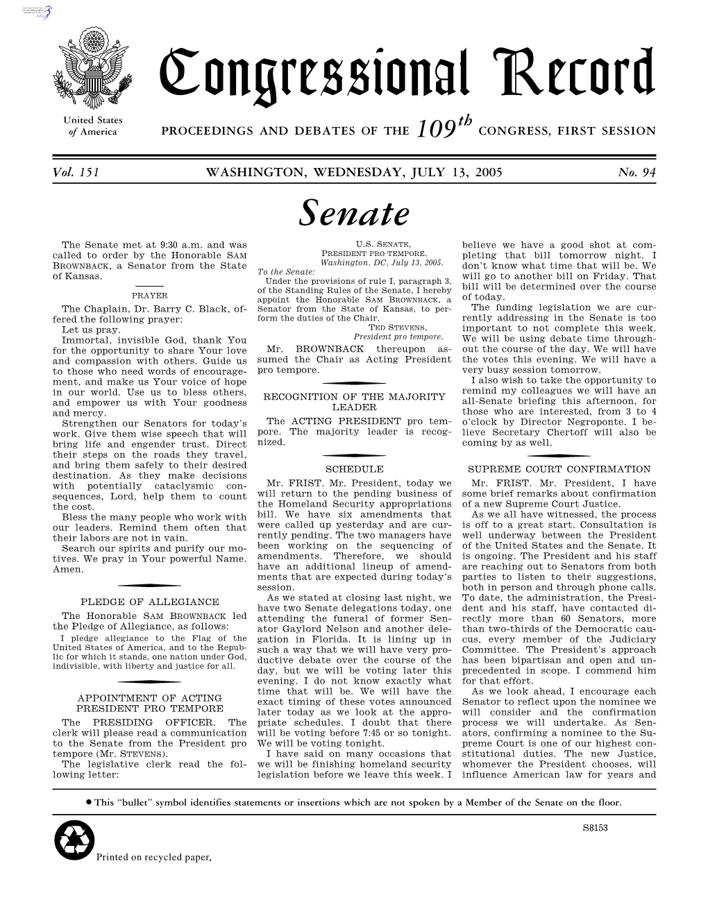 Congressional Record United States Th of America PROCEEDINGS and DEBATES of the 109 CONGRESS, FIRST SESSION