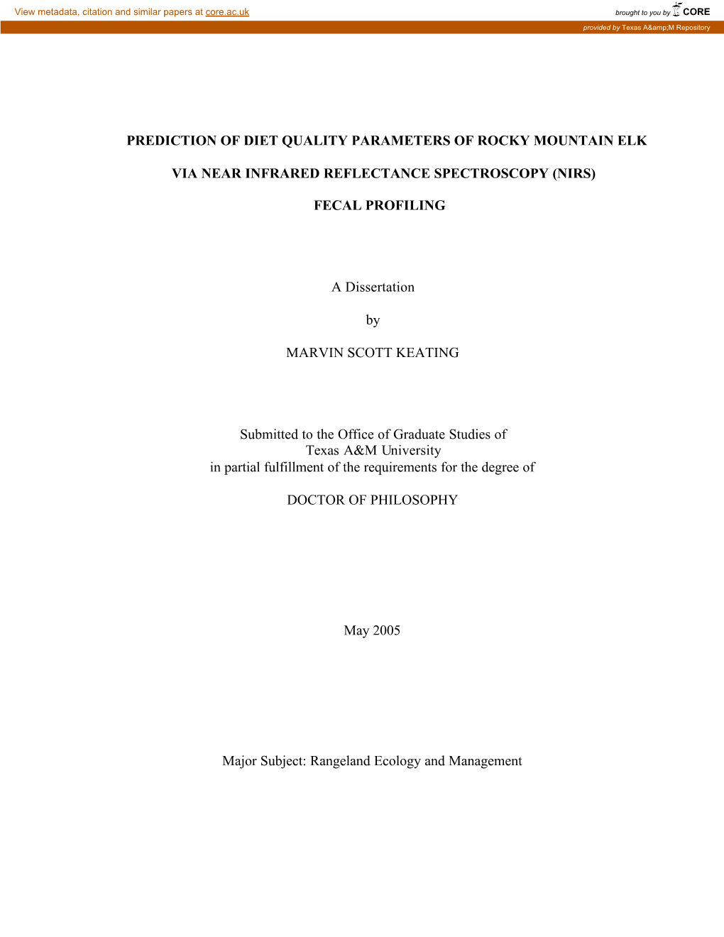 Prediction of Diet Quality Parameters of Rocky Mountain Elk