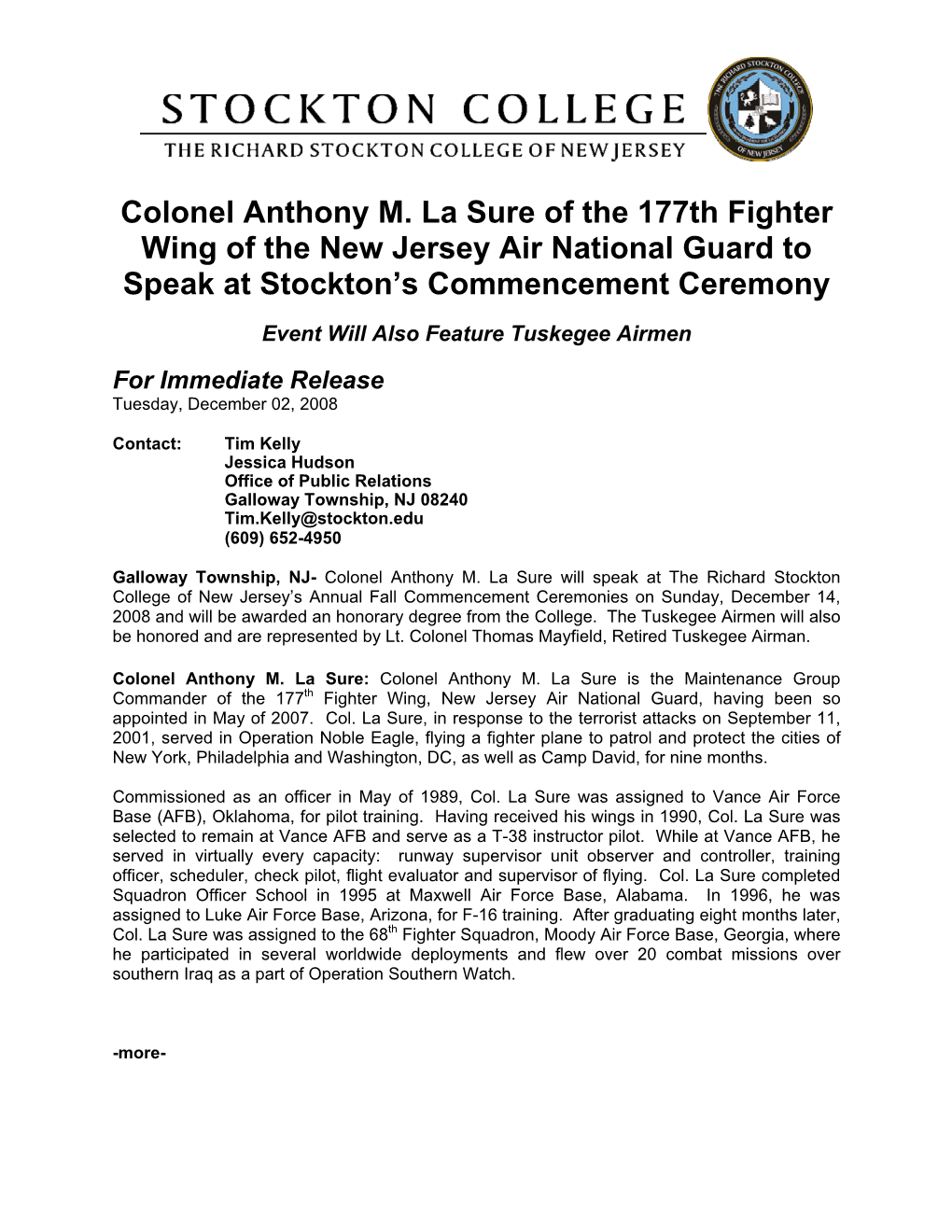 Colonel Anthony M. La Sure of the 177Th Fighter Wing of the New Jersey Air National Guard to Speak at Stockton’S Commencement Ceremony