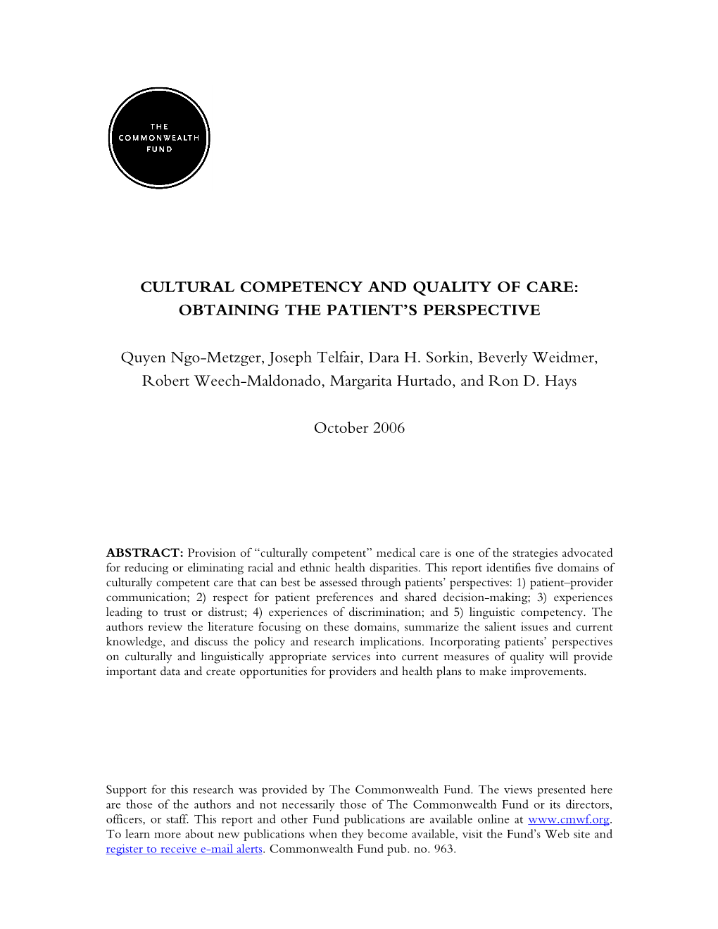 Cultural Competency and Quality of Care: Obtaining the Patient's