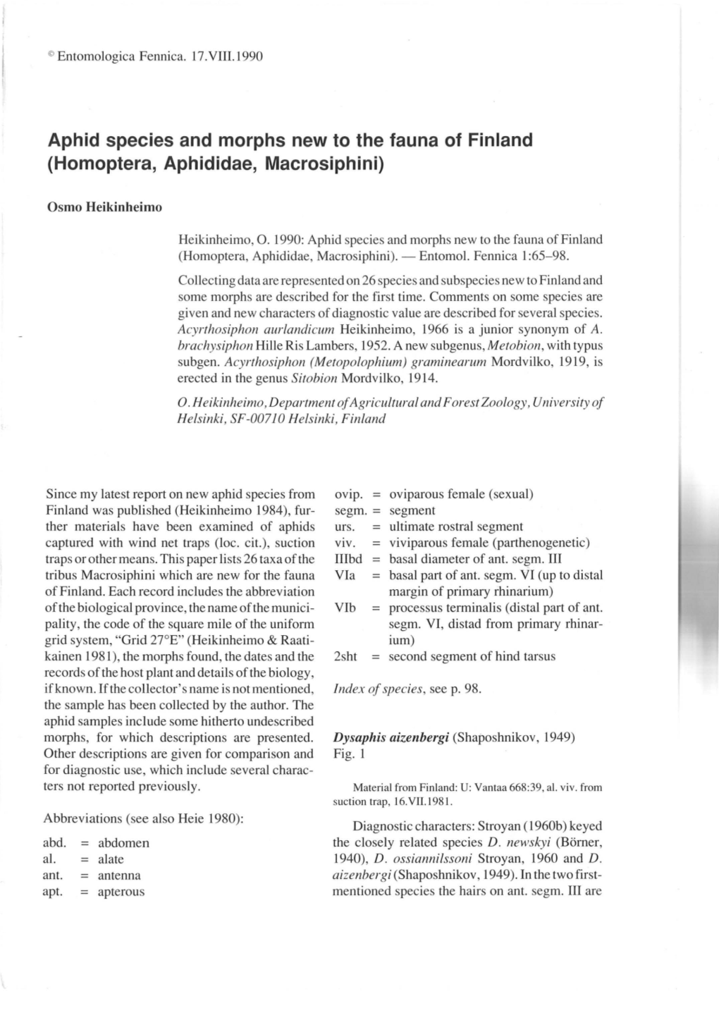 Aphid Species and Morphs New to the Fauna of Finland (Homoptera, Aphididae, Macrosiphini)