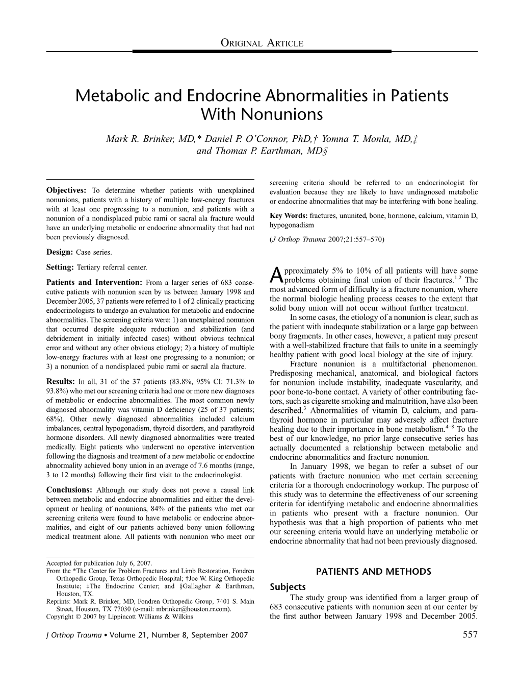 Metabolic and Endocrine Abnormalities in Patients with Nonunions Mark R