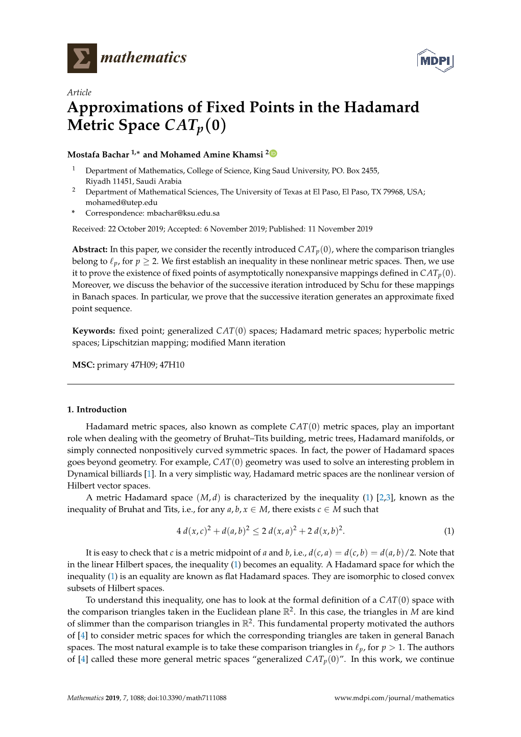 Approximations of Fixed Points in the Hadamard Metric Space Catp(0)