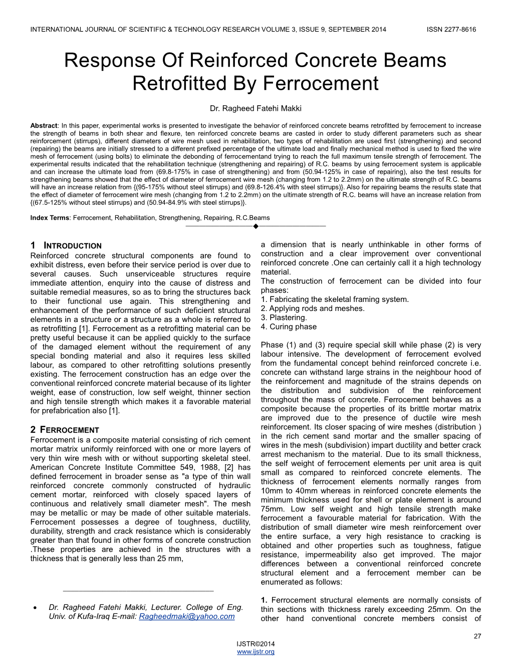 Response of Reinforced Concrete Beams Retrofitted by Ferrocement
