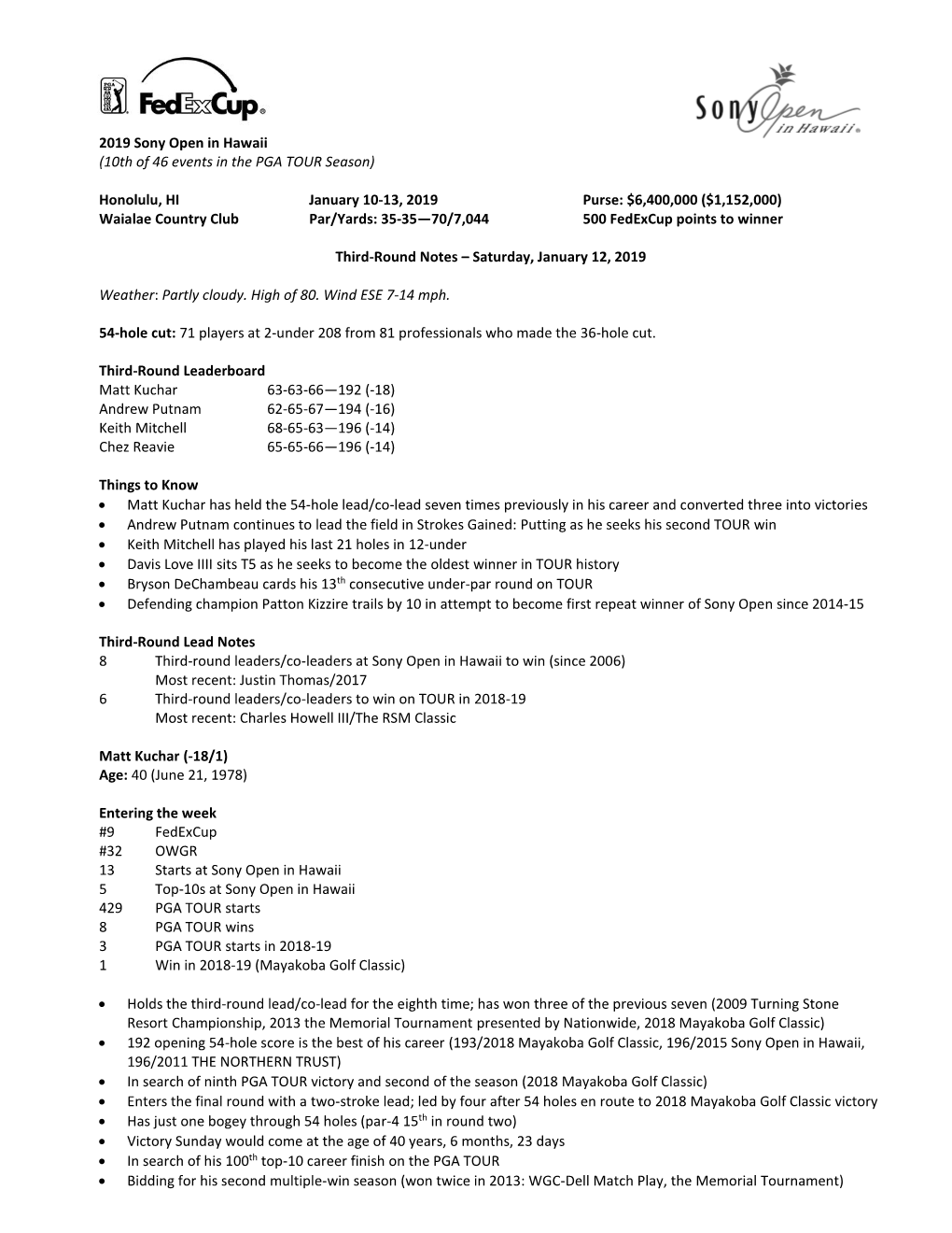 Notes About Participants in the 2005 Funai Classic …