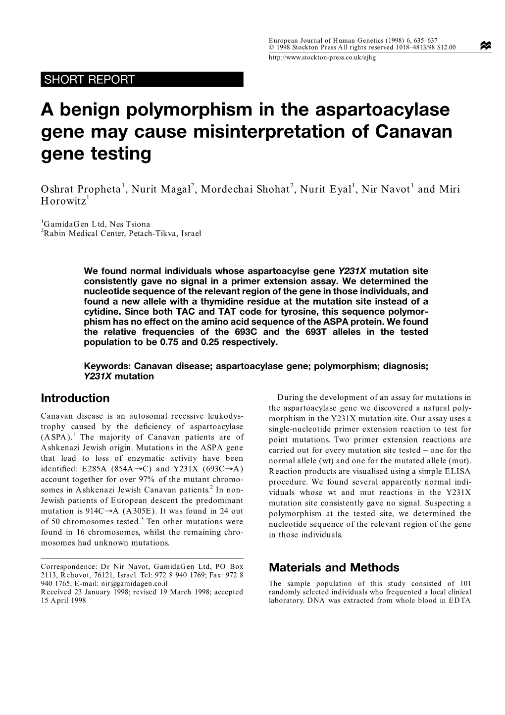 A Benign Polymorphism in the Aspartoacylase Gene May Cause Misinterpretation of Canavan Gene Testing