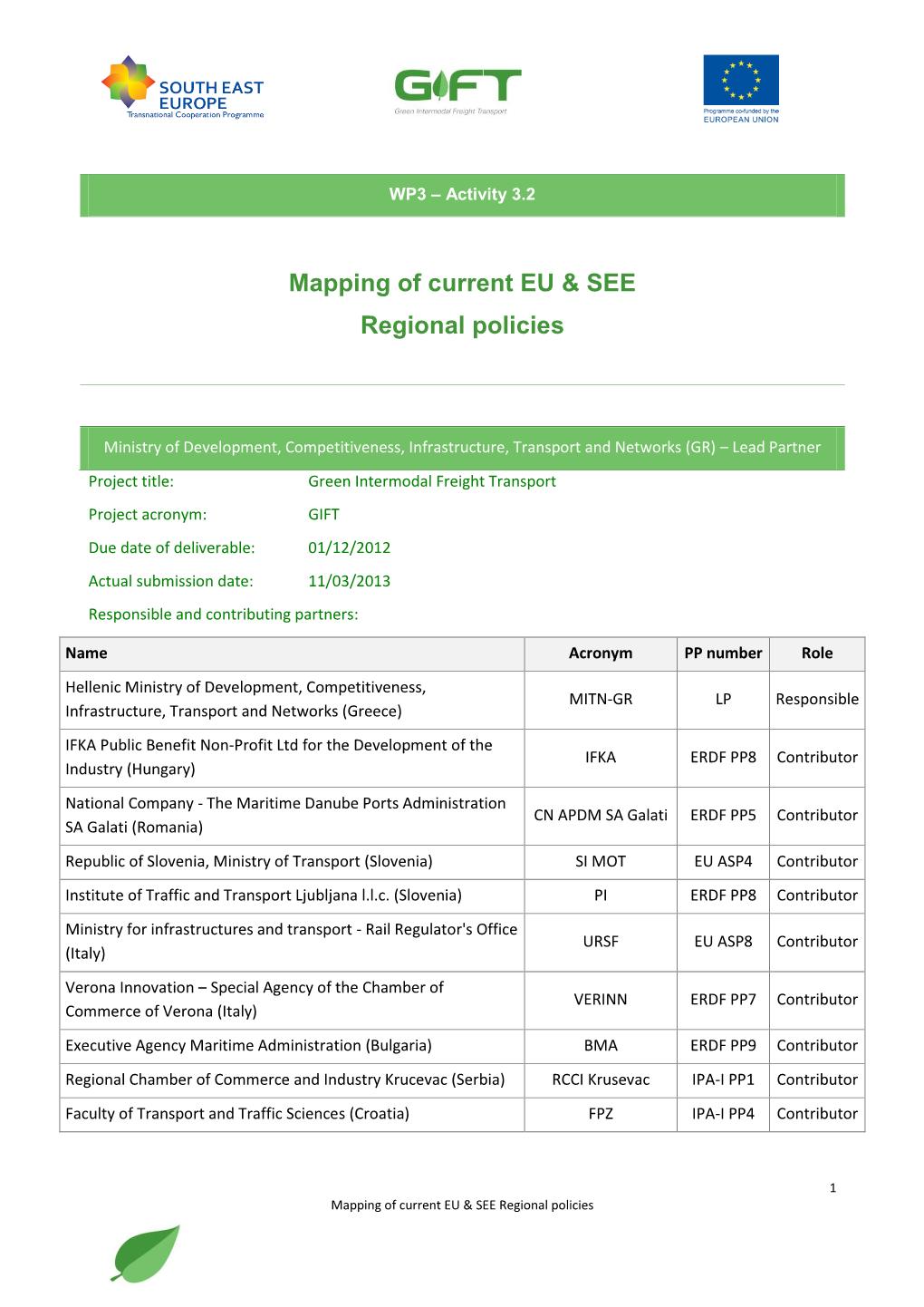 Mapping of EU & SEE National Green Transport-Related Policies