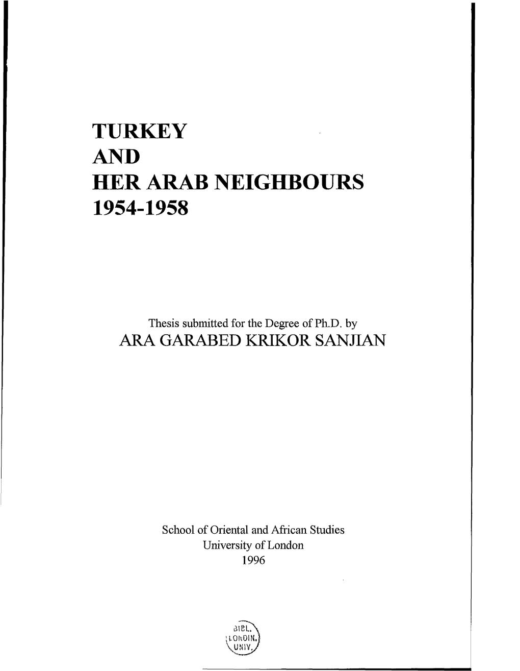 Turkey and Her Arab Neighbours 1954-1958