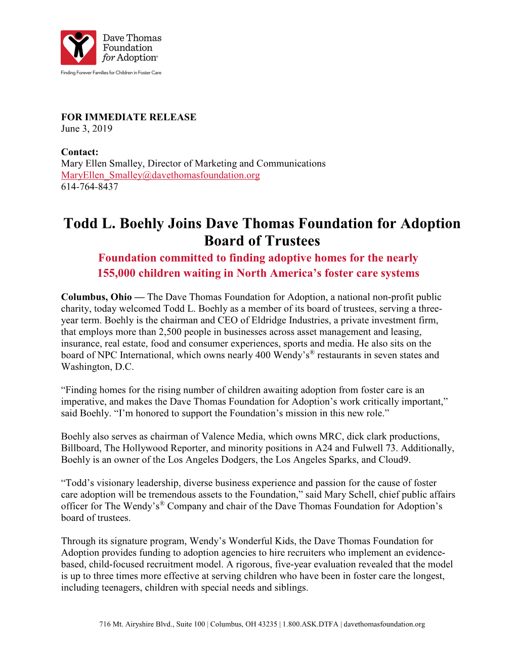 Todd L. Boehly Joins Dave Thomas Foundation for Adoption Board Of
