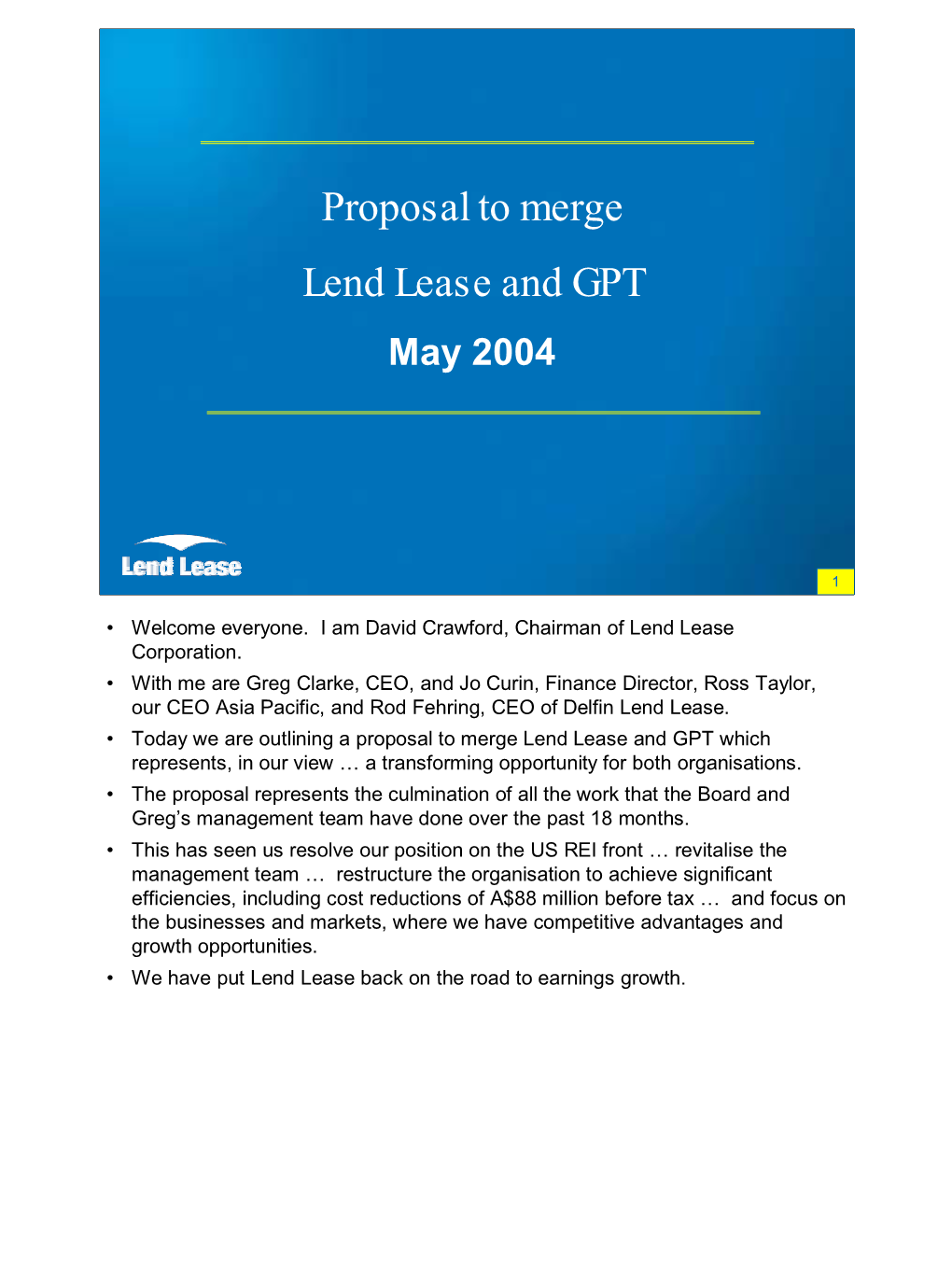 Proposal to Merge Lend Lease and GPT May 2004