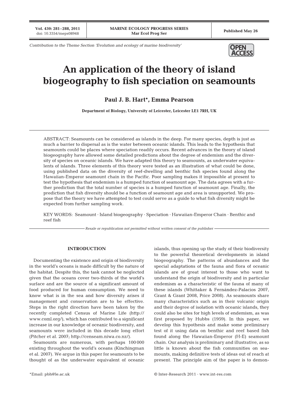 An Application of the Theory of Island Biogeography to Fish Speciation on Seamounts