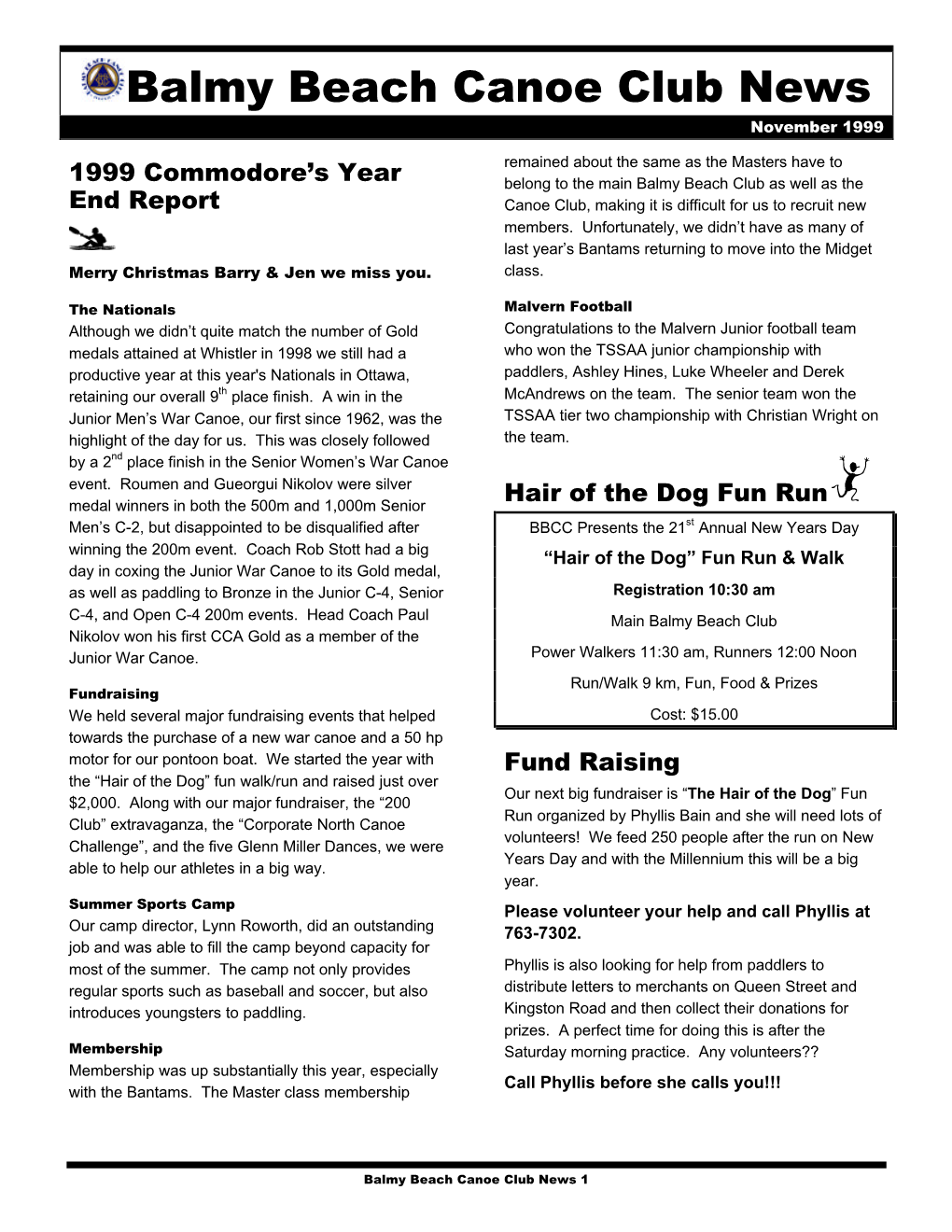 Balmy Beach Canoe Club News November 1999