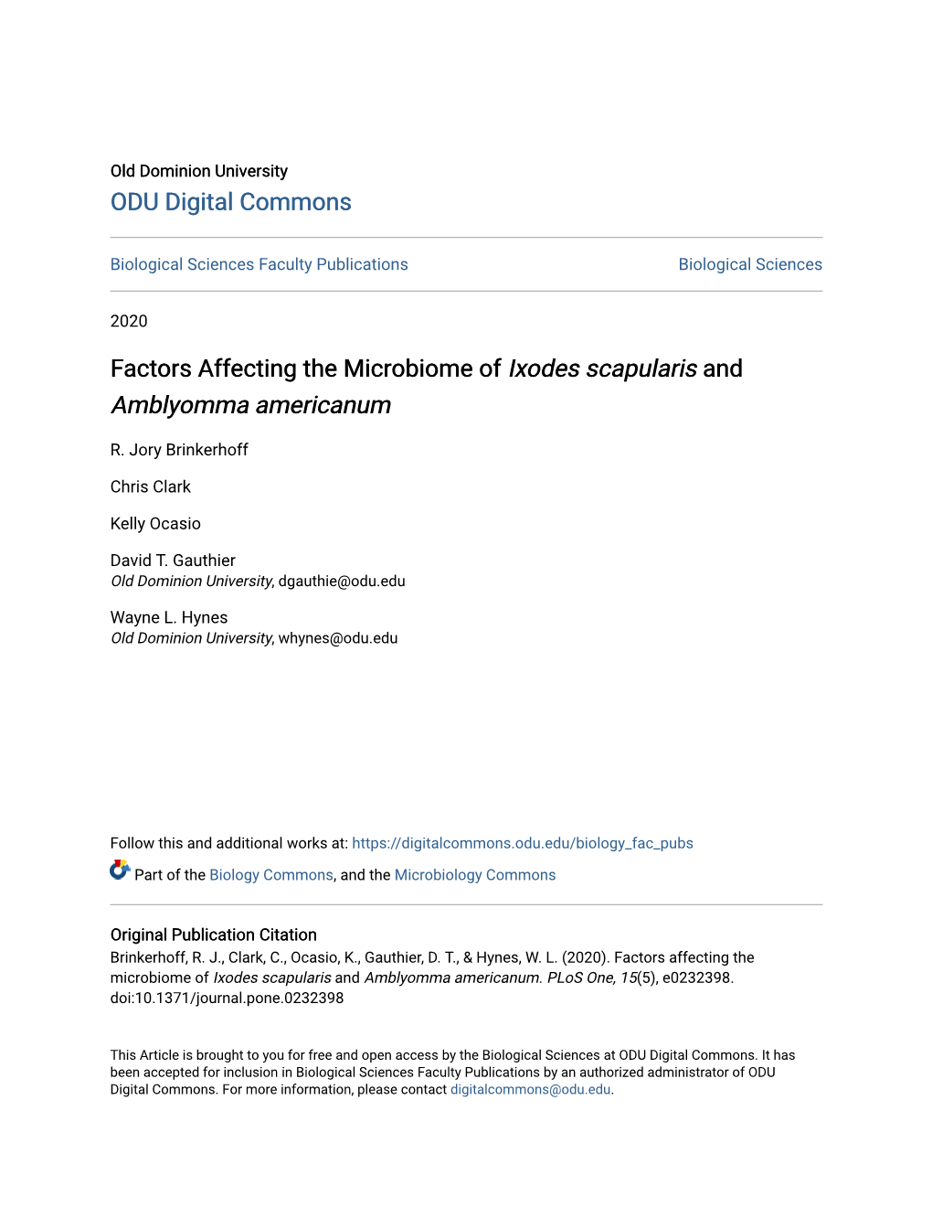 Factors Affecting the Microbiome of &lt;I&gt;Ixodes