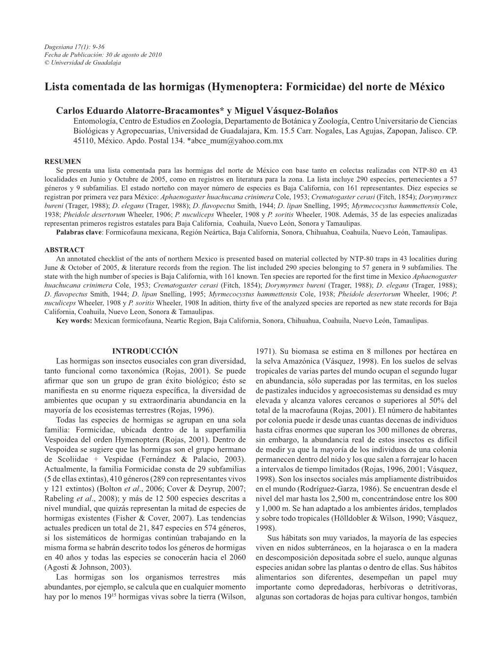 Lista Comentada De Las Hormigas (Hymenoptera: Formicidae) Del Norte De México