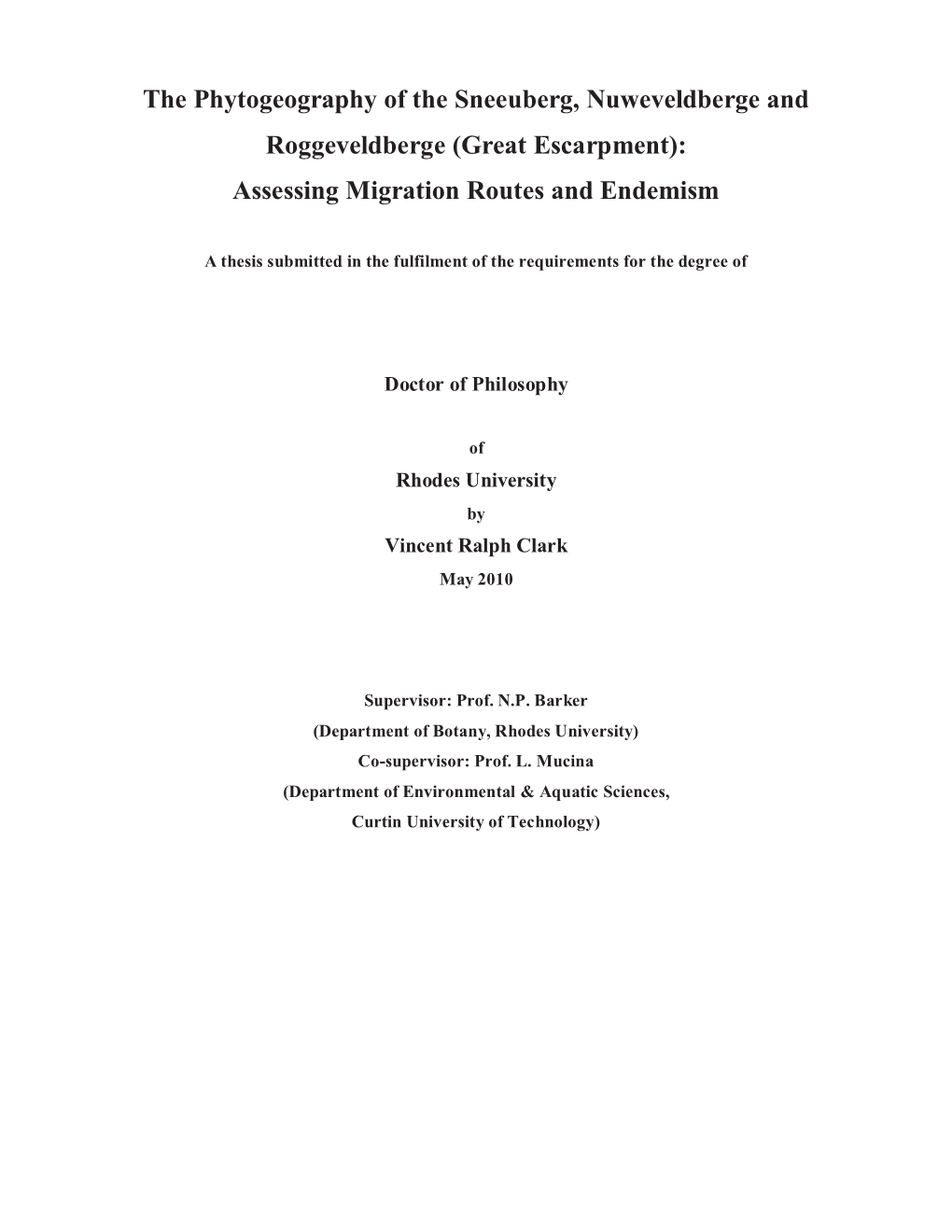 Great Escarpment): Assessing Migration Routes and Endemism