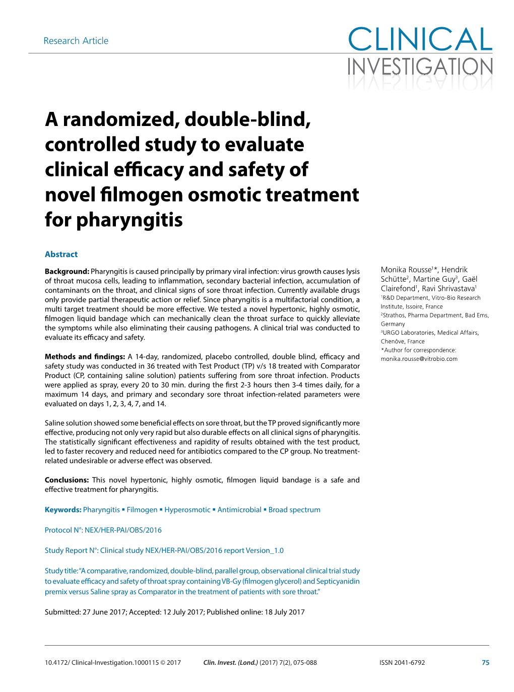 A Randomized, Double-Blind, Controlled Study to Evaluate Clinical Efficacy and Safety of Novel Filmogen Osmotic Treatment for Pharyngitis