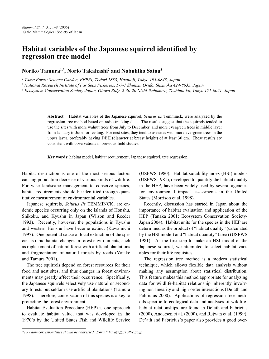 Habitat Variables of the Japanese Squirrel Identified by Regression Tree Model