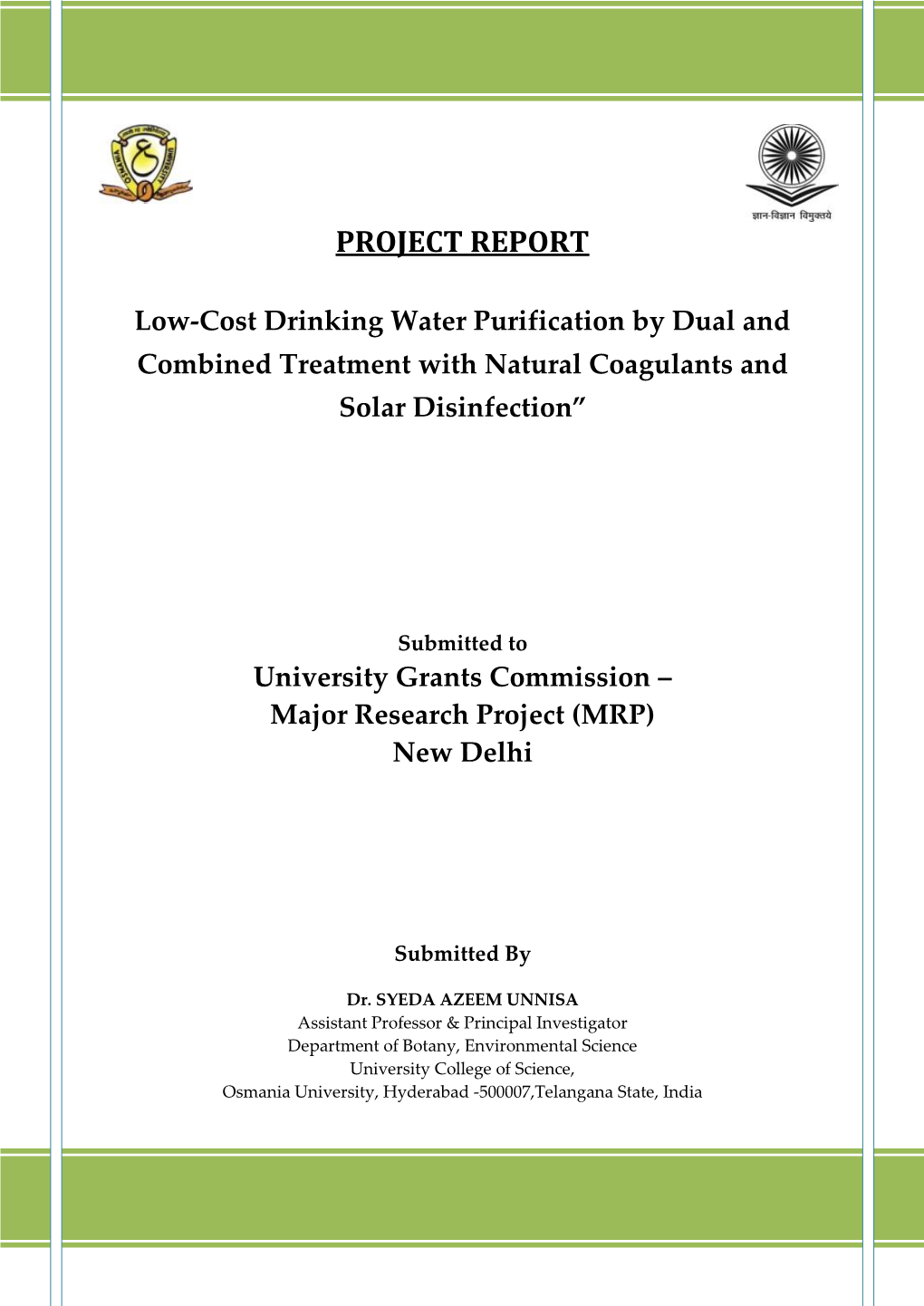 Project Report on Low-Cost Drinking Water Purification by Dual and Combined Treatment with Natural Coagulants