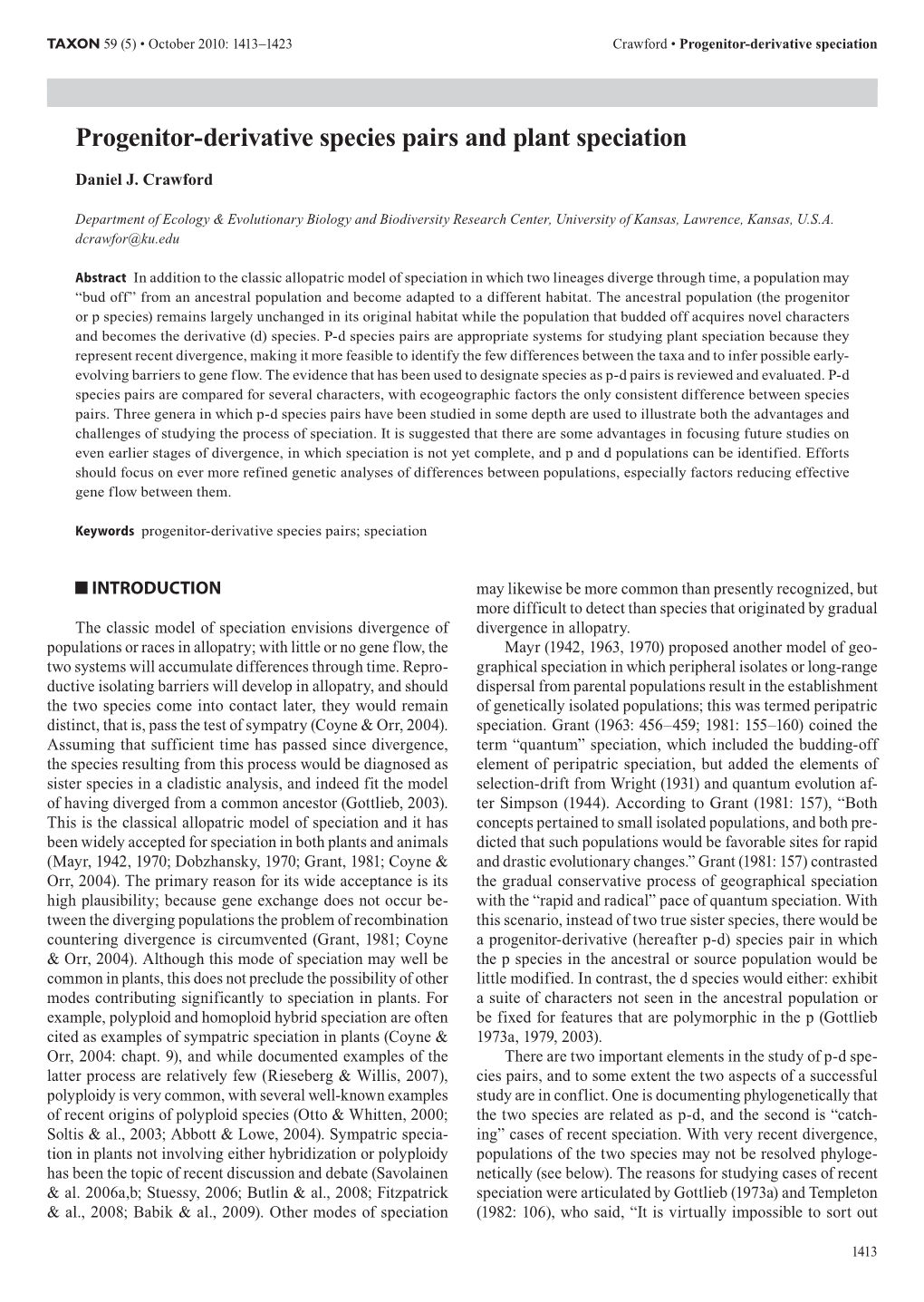 Progenitor-Derivative Species Pairs and Plant Speciation