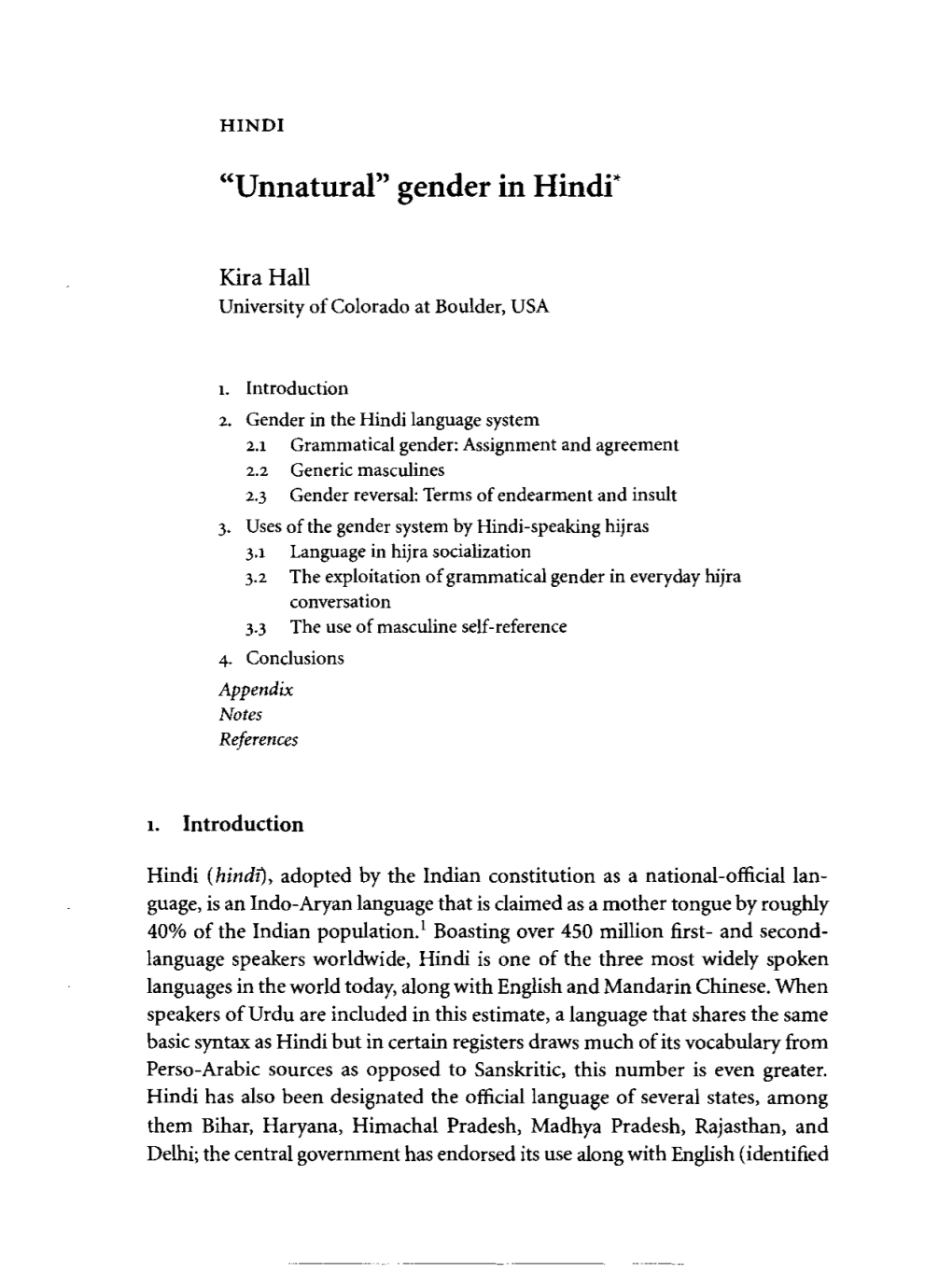 ''Unnatural'' Gender in Hindi*